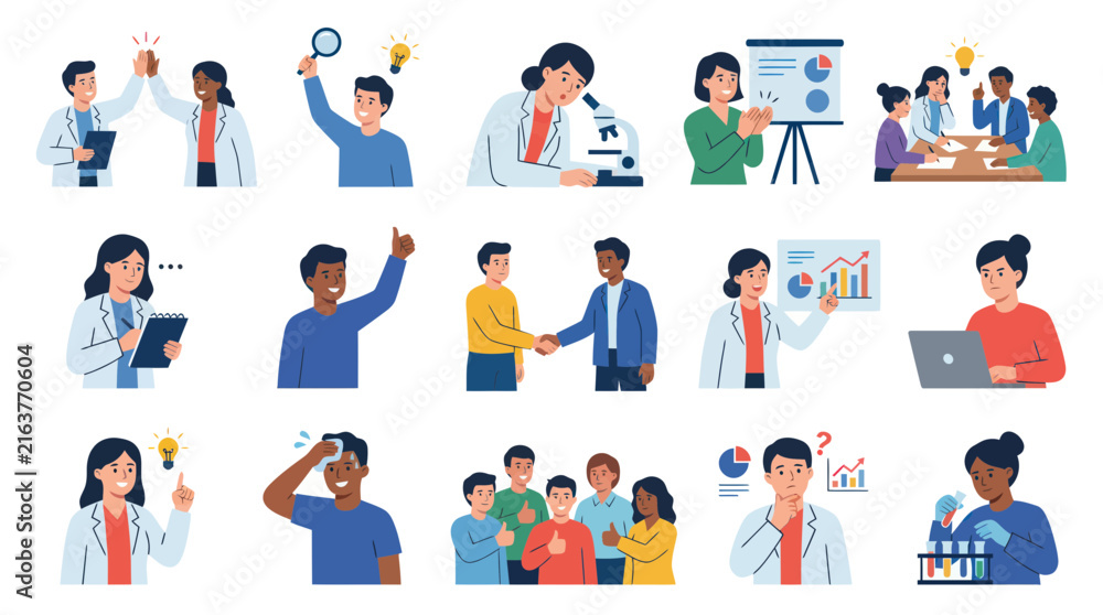 Fototapeta premium Flat Illustration: Scientists Collaborate and Achieve Success in Research