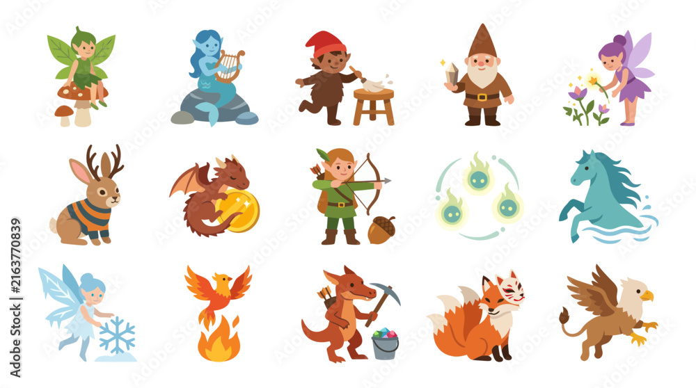Obraz premium Flat Style Magical Creatures and Fantasy Characters Vector Icons