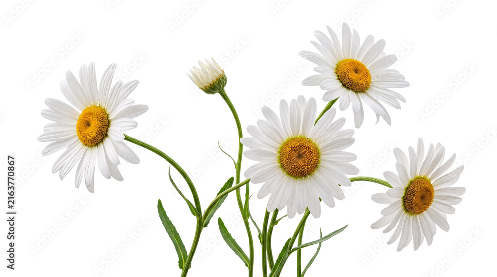 Obraz premium White daisy flowers with yellow centers and green isolated on png transparent background