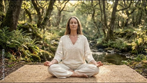 Meditation woman forest nature calm energy lattice peaceful relaxation harmony spiritual balance river serenity harmony balance