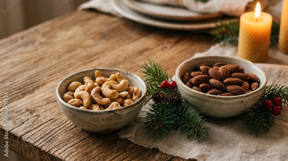 Fototapeta premium Bowls of Cashews and Almonds with Christmas Decorations on Wooden Table