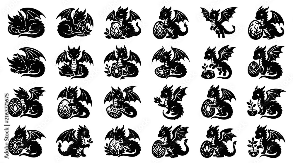 Obraz premium Cute Fantasy Baby Dragon Silhouette Vector Icons with Eggs and Plants - Black White Glyph Art Set