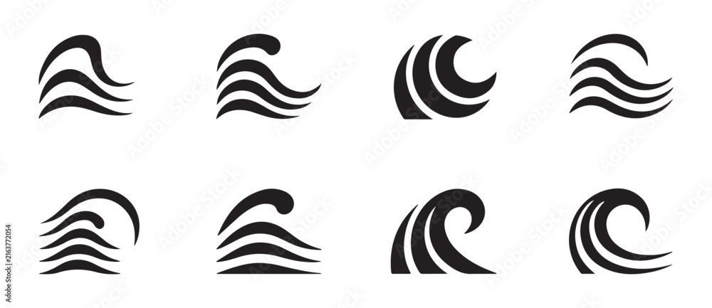 Fototapeta premium Set of black ocean wave icons depicting surfing crests and sea flow for nautical branding and water graphic design.