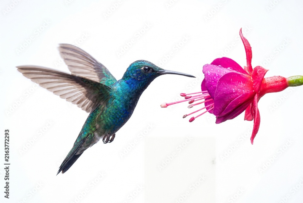 Naklejka premium Hummingbird Hovering Near Vibrant Fuchsia Flower in Garden