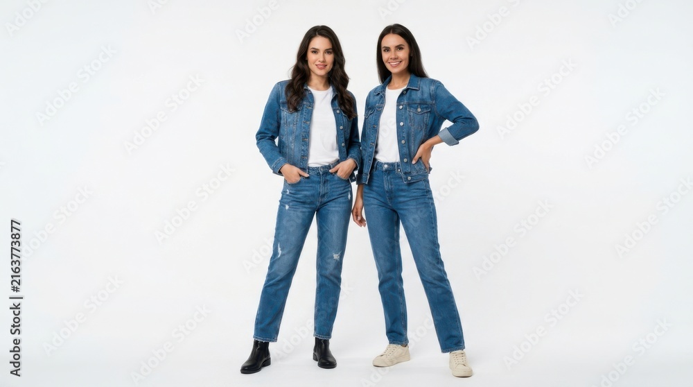 Fototapeta premium Two happy young women wearing blue denim jackets and jeans standing together
