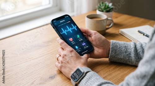 Person holding smartphone displaying health monitoring app with heart rate graph, fitness tracking technology, wearable smartwatch syncing with mobile device for personal wellness