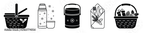 Vintage picnic set illustration with basket thermos food and floral elements in black and white