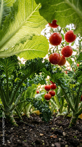Fresh tomatoes growing on plants viewed from ground level  