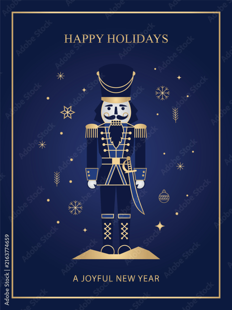 Naklejka premium Christmas Nutcracker Soldier Flat Vector Illustration with Golden Snowflakes on Dark Blue Background, Happy Holidays and Joyful New Year Greeting Card or Poster Design, Winter Festive Concept