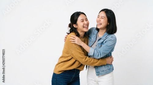 Two happy Asian women hugging each other and laughing together