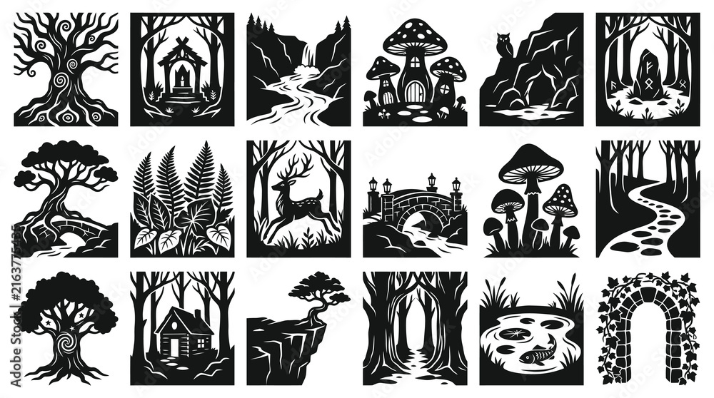 Fototapeta premium Monochromatic Fantasy Woodland Nature Silhouette Vector Icons Set