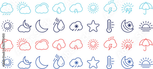 Foto Weather forecast line vector icon set, climate condition symbol collection, sun