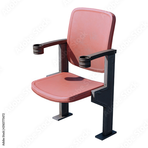 Single red cinema or stadium seat with cup holders isolated on white background.