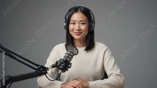 Smiling asian woman hosting podcast with professional microphone