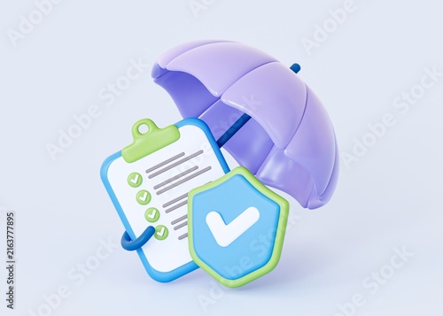 Fotografie 3D render of insurance policy checklist document covered by a purple umbrella and blue protection shield icon