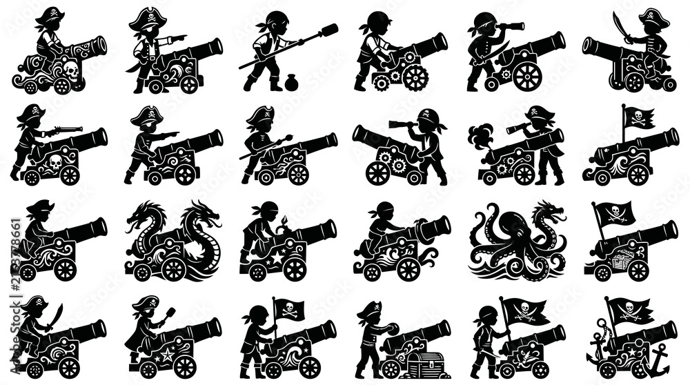 Fototapeta premium Pirate Adventure Glyph Silhouettes: Children, Cannons, and Sea Monsters Vector Art Collection.
