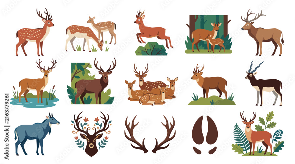 Fototapeta premium Deer Family Flat Illustration Vector Set
