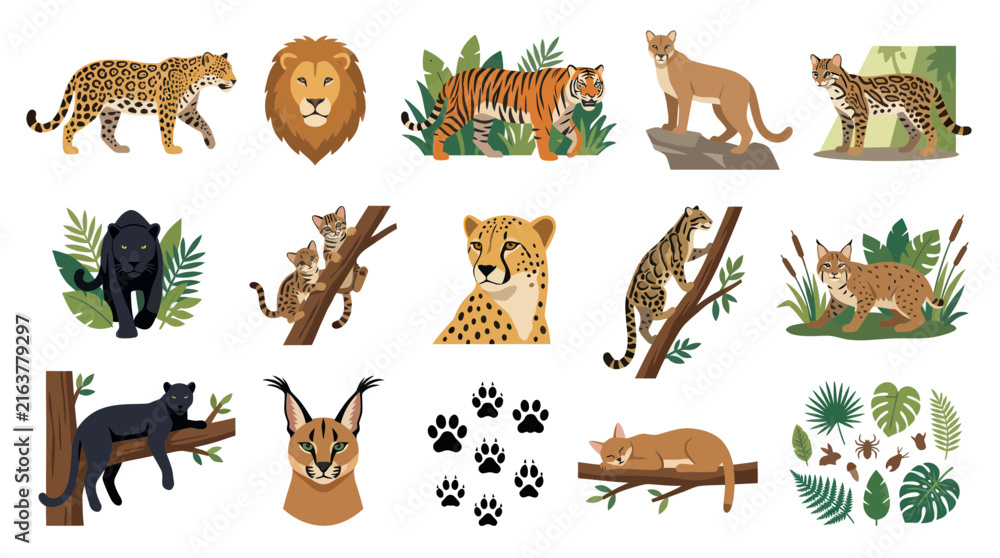 Obraz premium Flat Design Vector Illustration of Wild Big Cats and Lynx