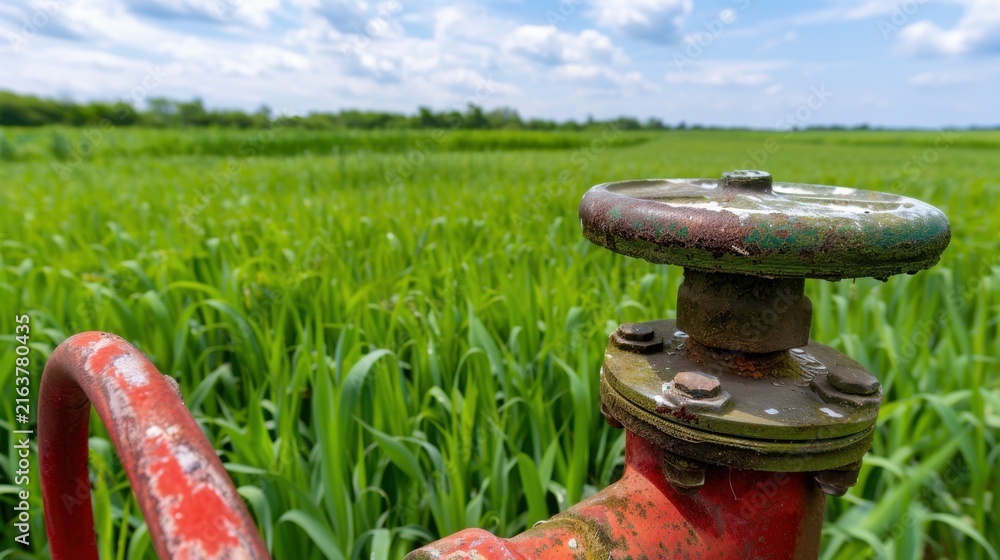 Fototapeta premium Close-up of Red Valve Overlooking Lush Green Field Under Bright Blue Sky with Fluffy Clouds