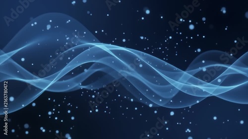 Dreamy abstract background with soft blue luminous waves and floating particles animation.