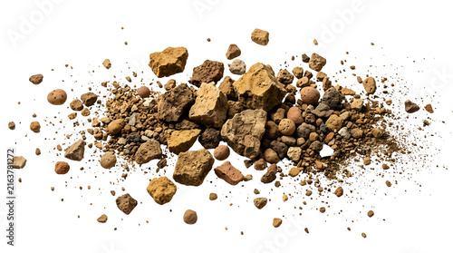 Pile of natural brown earth and clay pebbles isolated on transparent background for design projects