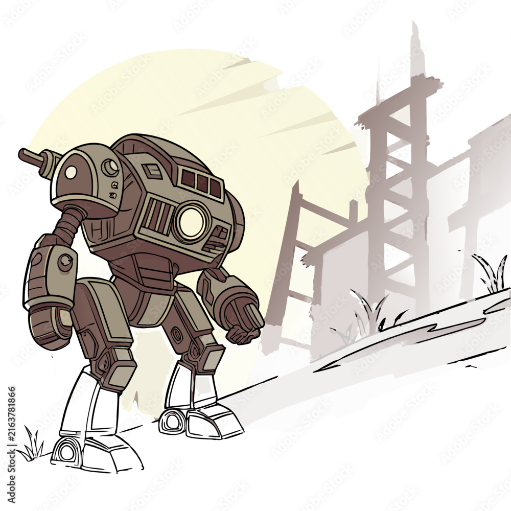 Fototapeta premium Sci-fi illustration of a combat mech robot in ruins