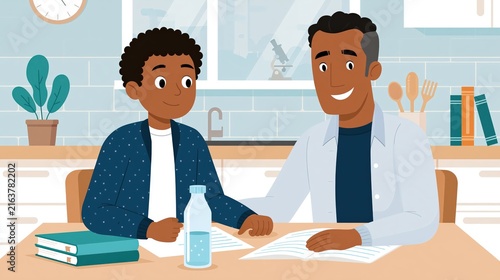 A father and son collaborate on homework at a kitchen table.