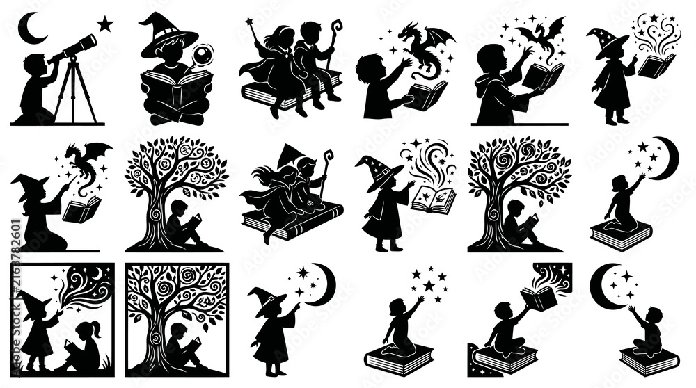 Fototapeta premium Children's Education Fantasy Reading: Black and White Silhouette Glyph Art of Kids with Books and Magic