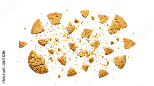 Scattered golden cookie crumbs isolated on transparent background for baking and food design