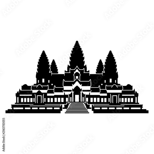 Angkor Wat vector silhouette displays ancient Cambodian temple architecture in black graphic style.