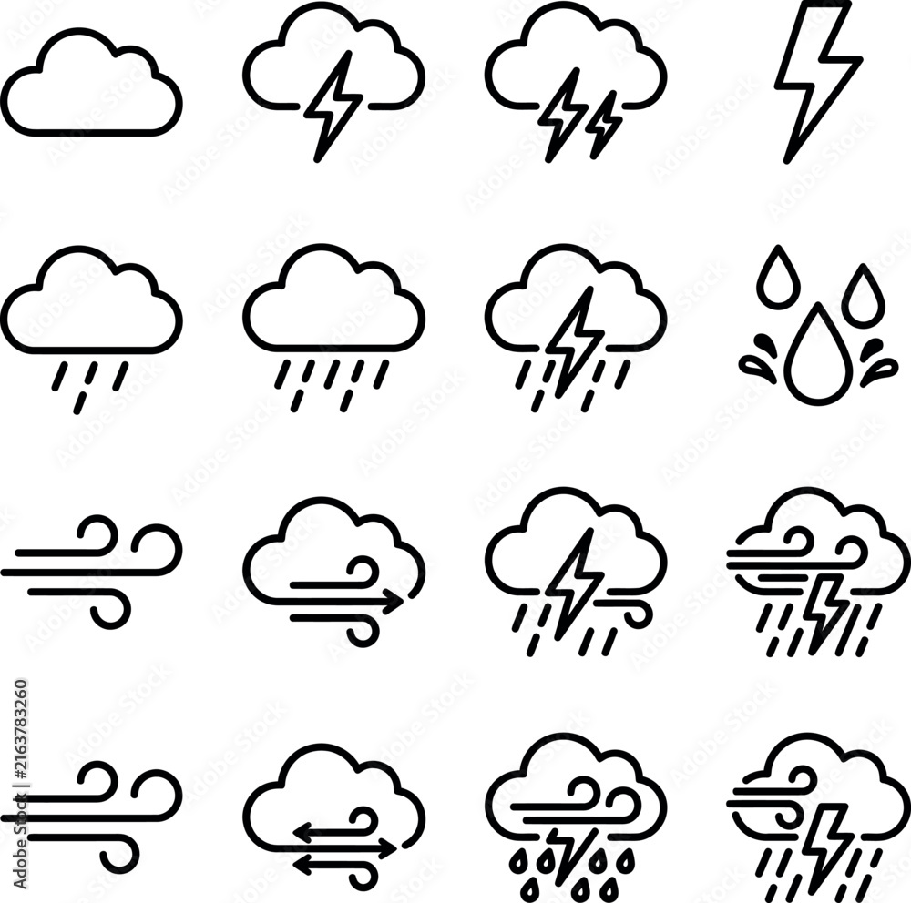 Fototapeta premium Weather icons depict clouds lightning rain and wind in a line style