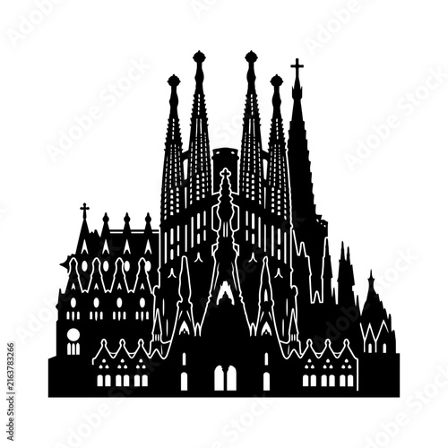 Sagrada Familia cathedral silhouette in black isolated on a white background.