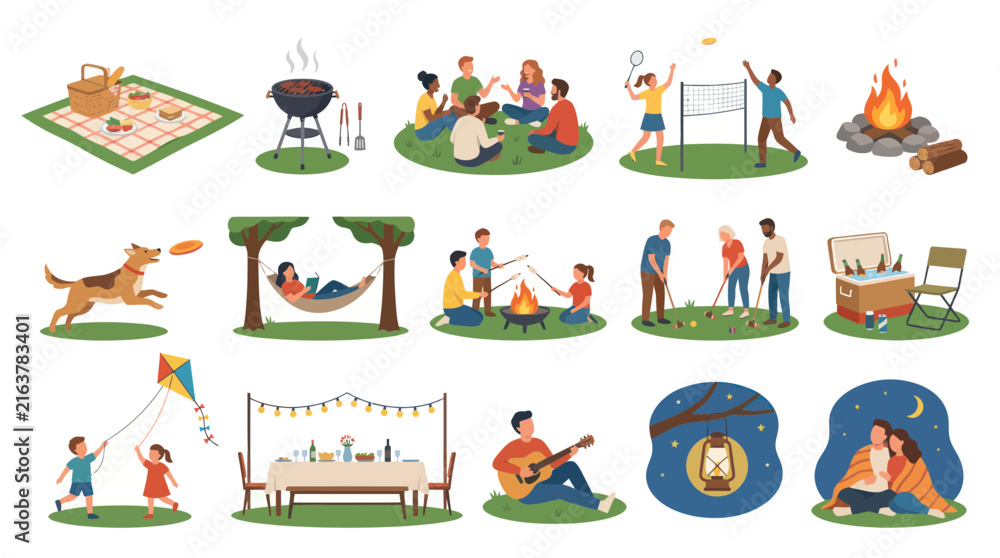 Fototapeta premium Flat Vector Illustrations of Summer Outdoor Recreation Activities: Picnic, BBQ, Camping, Games Leisure