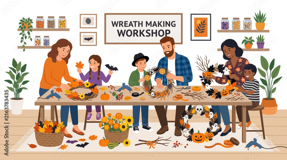 Fototapeta premium Family Wreath Making Workshop: Autumn Halloween Crafting Fun