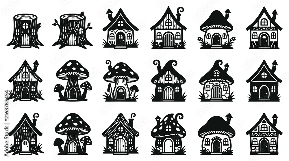 Obraz premium Black and White Line Art Collection of Fairy Houses and Mushroom Homes