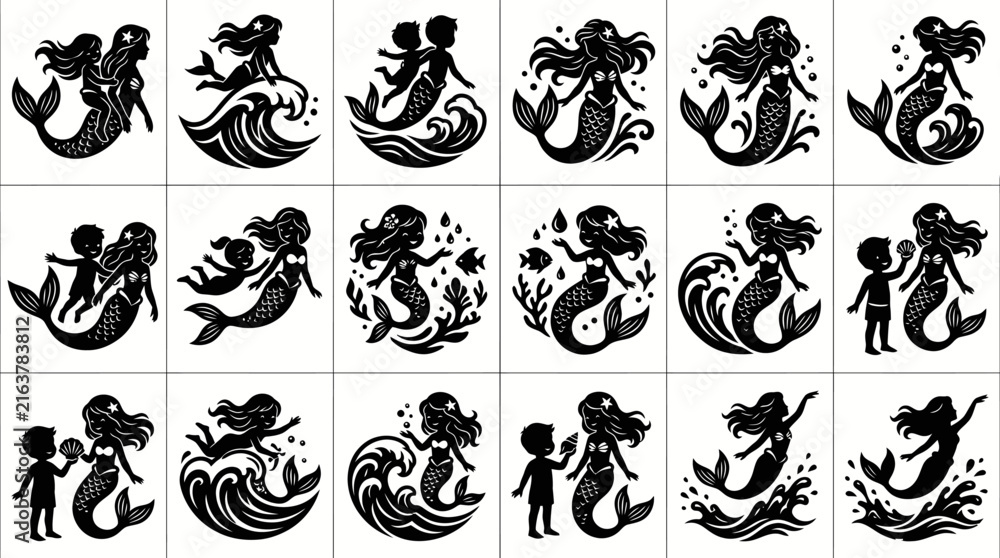 Obraz premium Fantasy Mermaid and Child Black Silhouette Vector Illustrations. Cute Mythical Sea Creatures Collection.