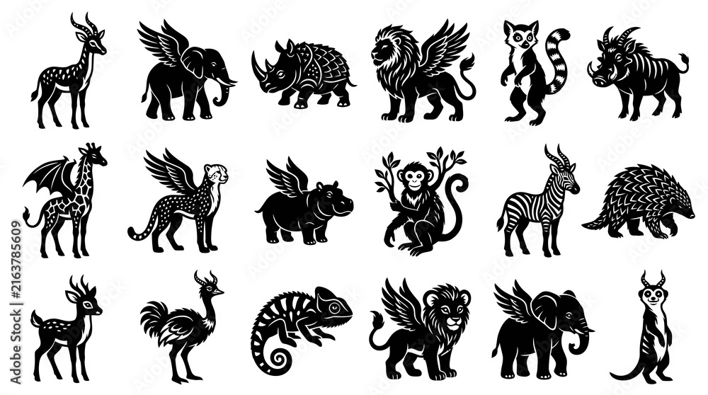 Obraz premium Black Glyph Wildlife and Fantasy Animal Icons Set. Stylized Silhouette Collection of Mammals and Creatures.
