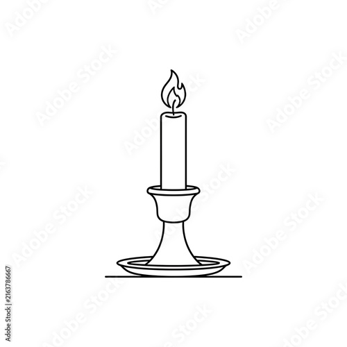 Fotografie Simple Lit Candle in Candlestick Line Art Icon - Minimalist Outline Vector