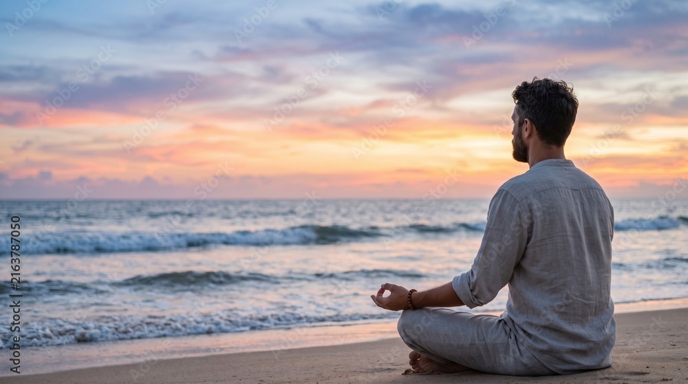 Fototapeta premium Man meditating in lotus position on beach at sunset for mindfulness and wellness concept