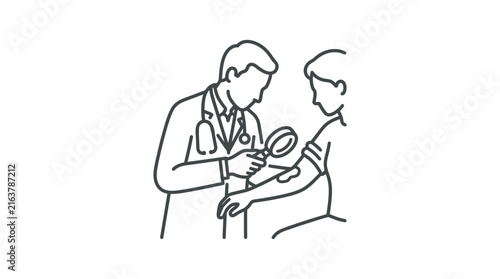 Doctor inspecting female patient's arm using a magnifying lens.