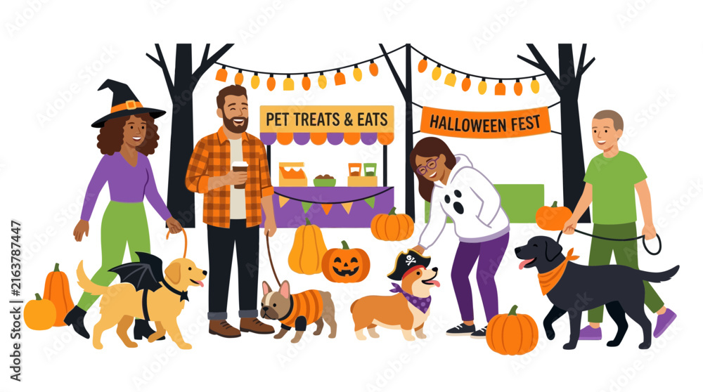 Obraz premium People and Pets Enjoying a Halloween Festival with Treats and Decorations