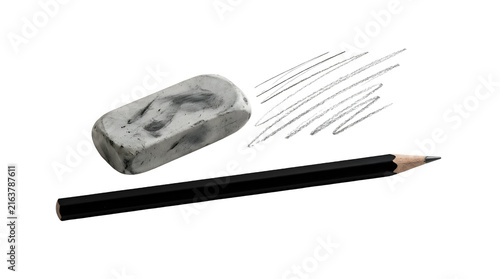 Graphite pencil with eraser and shavings on white transparent background for design and writing