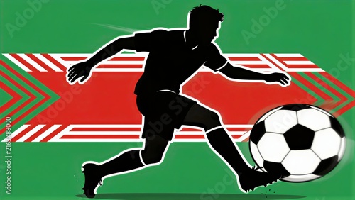 Silhouette soccer player kicks ball against vibrant green and red striped background.