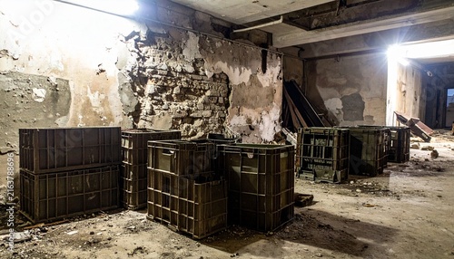 Abandoned Industrial Storage Room Filled with Old Crates and Rubble Under Dim Lighting