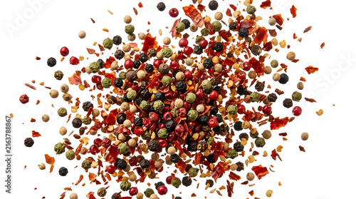 Isolated mix of black peppercorns and red chili flakes scattered on transparent background for spice design