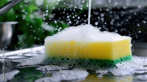 Bright and Colorful Cleaning Sponge Surrounded by Soap Bubbles in a Kitchen Environment