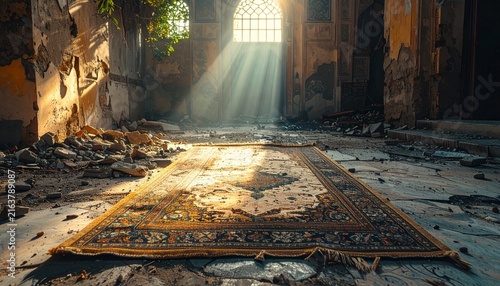Abandoned interior with sunbeams illuminating a traditional rug amidst rubble and decay