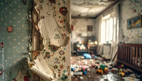 Abandoned messy nursery room with torn wallpaper and scattered toys, depicting decay and neglect