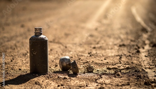 Abandoned Metal Canteen and Cap on Dusty, Cracked Earth Surface with Blurred Dirt Road Background