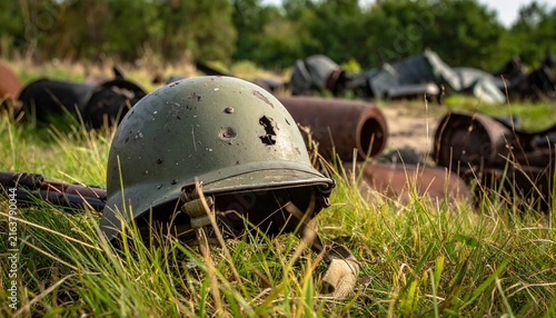 Abandoned military helmet and debris lying in overgrown grass, symbolizing the aftermath of conflict and destruction